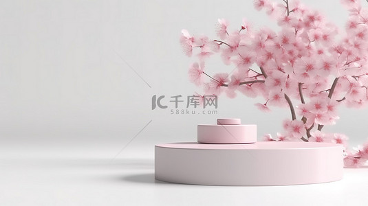 品牌推广方案背景图片_柔和的粉红色樱花和白色讲台，用于 3D 产品演示和品牌插图