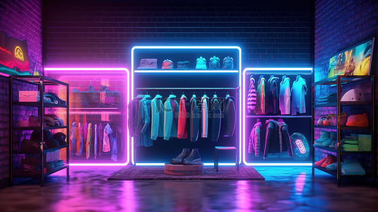 霓虹灯点亮的时尚精品店 3D 插图，配有服装鞋子和配饰