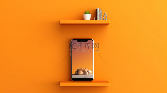科技橙色背景图片_带手机的橙色架子水平背景横幅上的 3D 插图
