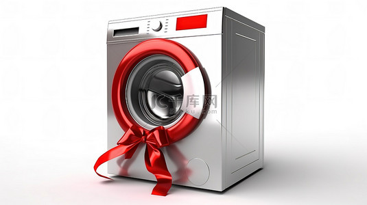 质量检查现代洗衣机，白色背景 3D 渲染上带有红丝带