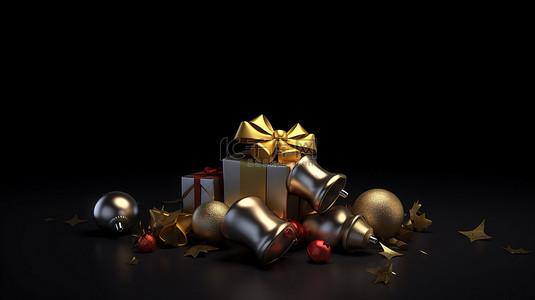圣诞主题背景图片_圣诞主题 3D 渲染，带有礼盒铃和松叶