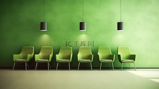 家具背景图片_候诊室的 3D 渲染，配有绿色椅子和充足的复印空间