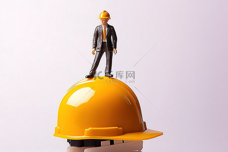 安全帽背景图片_一个小商人坐在安全帽的顶部，建筑工人站着