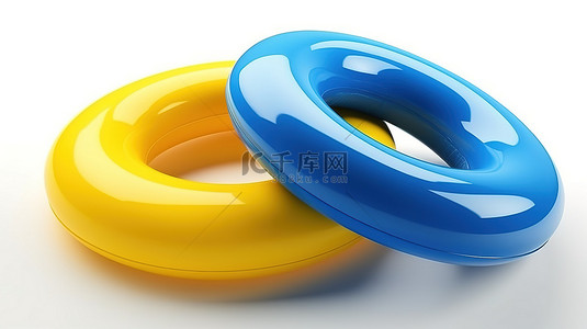 蓝色游泳圈背景图片_隔离在 3D 渲染中的白色黄色和蓝色游泳圈上