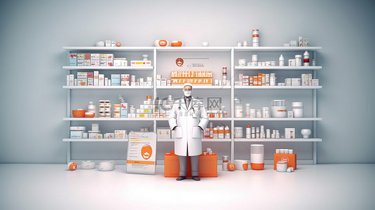 制药背景与 3D 渲染的医生和药品