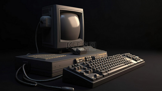 老式计算机背景图片_老式计算机设置复古键盘鼠标监视器和系统单元的 3d 渲染插图