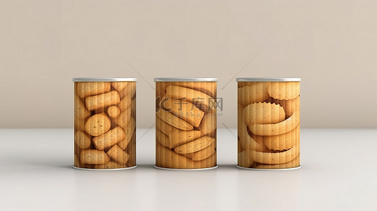 三个带有棕色牛皮纸和锡罐的零食管的模型，以 3D 渲染