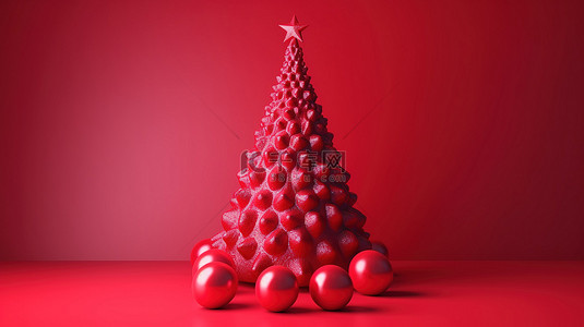 复古节日海报背景图片_红色背景与 3d 渲染的圣诞树