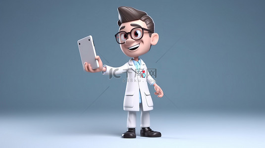 可爱的 3D 卡通医生使用平板电脑并指着大显示器