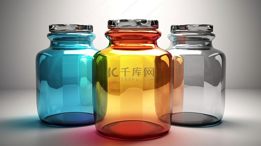 透明玻璃罐子背景图片_三个带有各种形状的盖子的透明玻璃罐的充满活力的 3D 渲染