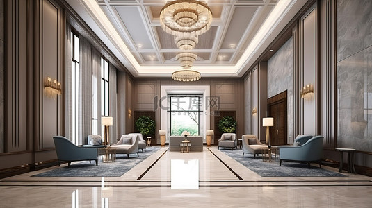 豪华现代酒店大堂内部配有高端家具 3D 渲染