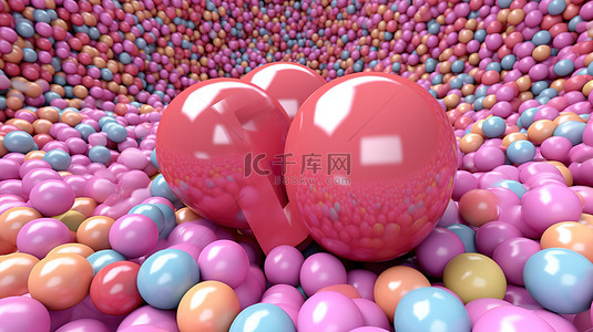 充满活力的 3D 艺术在粉红色瓷砖表面上以气球字母显示“爱”一词