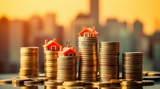 3D 插图房子堆在硬币上象征着房地产价格上涨