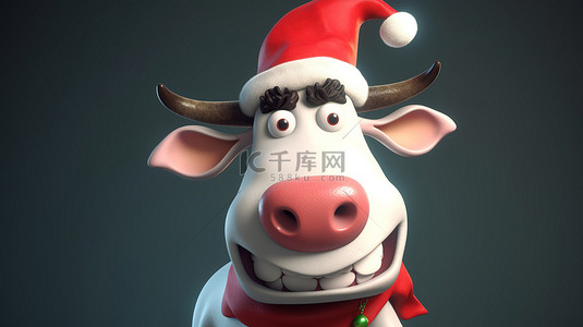有趣的 3D 渲染的圣诞老人牛