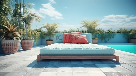 家庭庭院背景图片_精致的屋顶露台的 3D 渲染，配有漂亮的游泳池和舒适的沙发凳