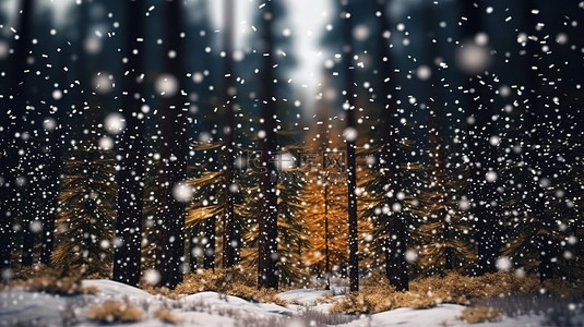 水墨林溪背景图片_松林降雪 3D 渲染令人着迷的模糊落雪