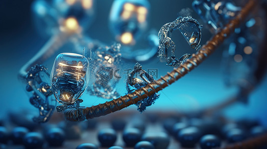 描绘纳米机器人修复受损 DNA 的 3D 插图