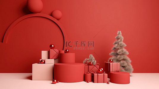 喜庆的红色背景与 3D 渲染的松树礼物和圣诞装饰品