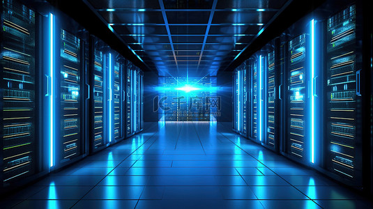 蓝色点亮的托管服务器机房采用时尚的黑色主题 3D 插图渲染