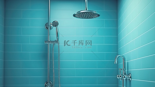 带蓝色水龙头的双色调现代淋浴墙系统的 3D 渲染