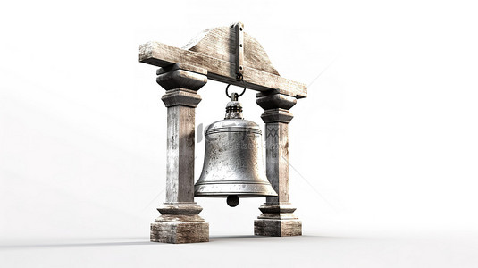 白色背景上一座古老修道院木梁上悬挂的大银铃的 3D 渲染