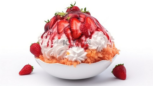 卡通风格 3d 渲染 bingsu 刨冰与草莓和冰淇淋隔离在白色背景