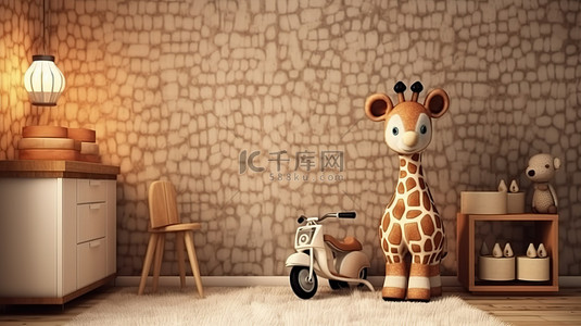 晚房间背景图片_孩子的梦想房间老式摩托车长颈鹿和熊娃娃 3D 渲染
