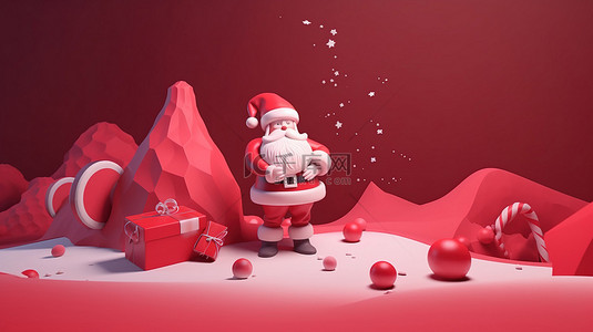 3D 渲染的圣诞节插图，以红色背景上的圣诞老人为特色