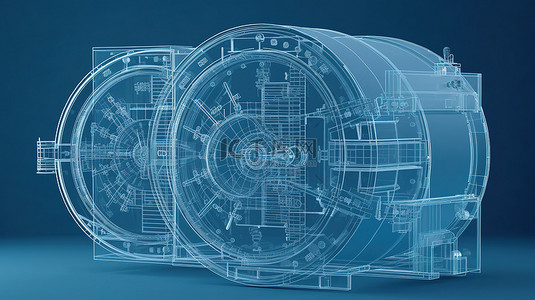 蓝色背景下 3D 渲染比例的银行金库蓝图