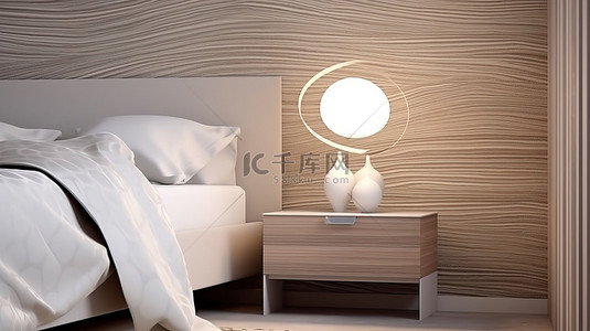 现代床头柜，床边配有时尚灯，白色图案床头板 3D 渲染