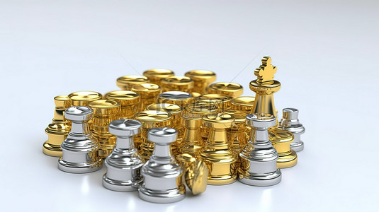 白色背景上带有银币的金色骑士棋子的 3D 渲染，非常适合商业内容