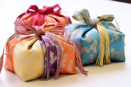 彩色丝带将包装纸装入礼品袋中