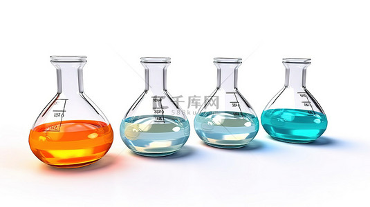 白色背景与充满化学液体的实验室烧瓶的 3D 渲染