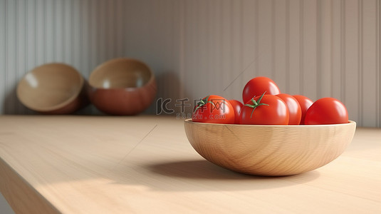 厨房场景 3D 渲染木质台面，配有西红柿和碗