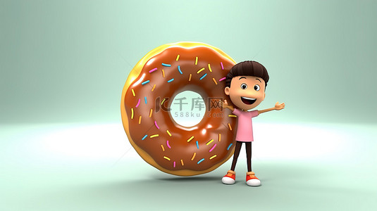 开朗的亚洲青少年与 3d 甜甜圈卡通