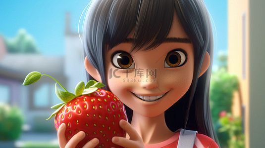 水果卡通男孩背景图片_开朗的亚洲青少年与 3D 卡通和新鲜草莓