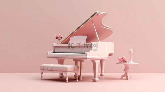 3D 概念中柔和的粉红色背景上的优雅钢琴