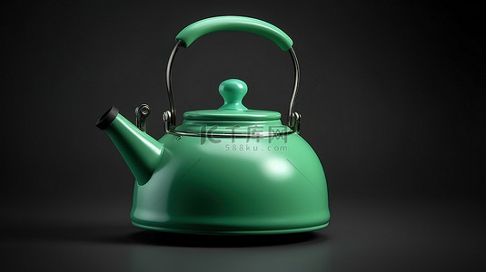绿色金属水壶茶壶 3d 渲染，顶部隔离剪切路径