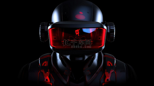 未来派 VR 体验红色立方体框架和 3D 渲染中的黑色头盔