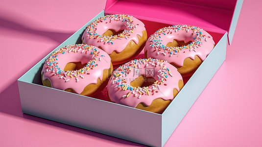 糖一包背景图片_一盒美味的甜甜圈，上面有 3D 渲染的粉红色糖衣