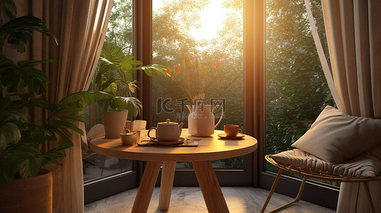 宁静的窗边休息区，可供用餐和阅读，装饰着郁郁葱葱的盆栽植物 3D 渲染