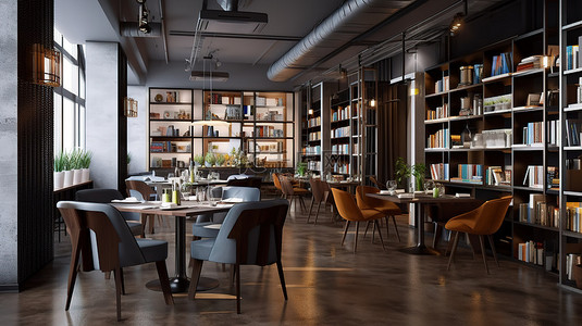 时尚设计的酒吧和餐厅的 3D 渲染，配有图书馆和书柜