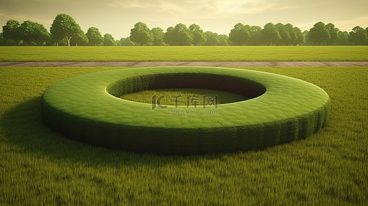 汽车轮胎广告设计，以 3D 插图中的圆形道路和郁郁葱葱的草地为特色