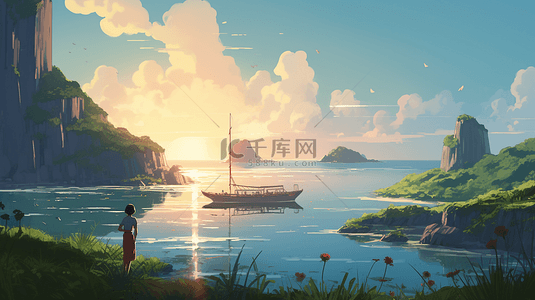 卡通日出背景图片_岛屿漂亮的水边日出风景