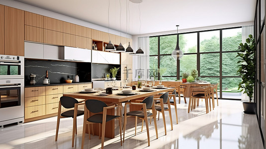 带餐桌和家具的现代厨房室内设计的 3d 渲染