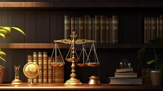 3D 渲染的法律书架，配有木制法官木槌和带有低调过滤器的金色秤
