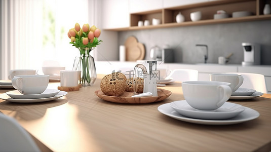 时尚的餐桌，带有复制空间，与模糊的厨房背景 3D 渲染相匹配
