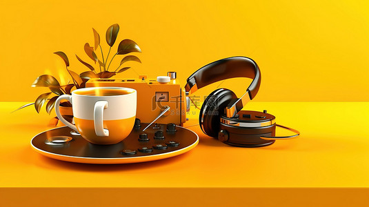 黄色背景与 3D 渲染 DJ 混合转盘耳机和咖啡杯