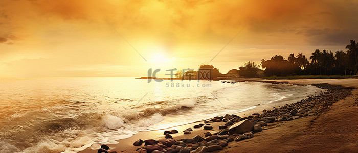 晚上的海背景图片_阳光照射到水中的岩石海滩