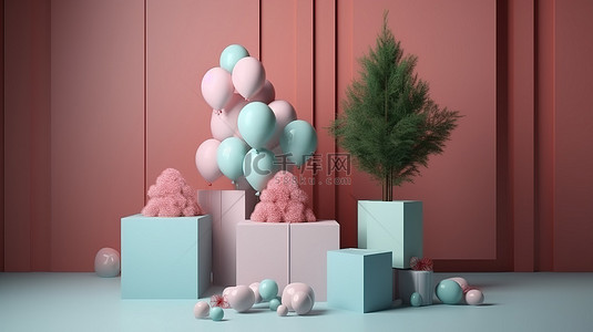 节日的 3D 讲台上点缀着树木气球礼品盒和花环